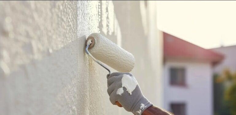 Application d'une peinture de façade au rouleau sur enduit gratté